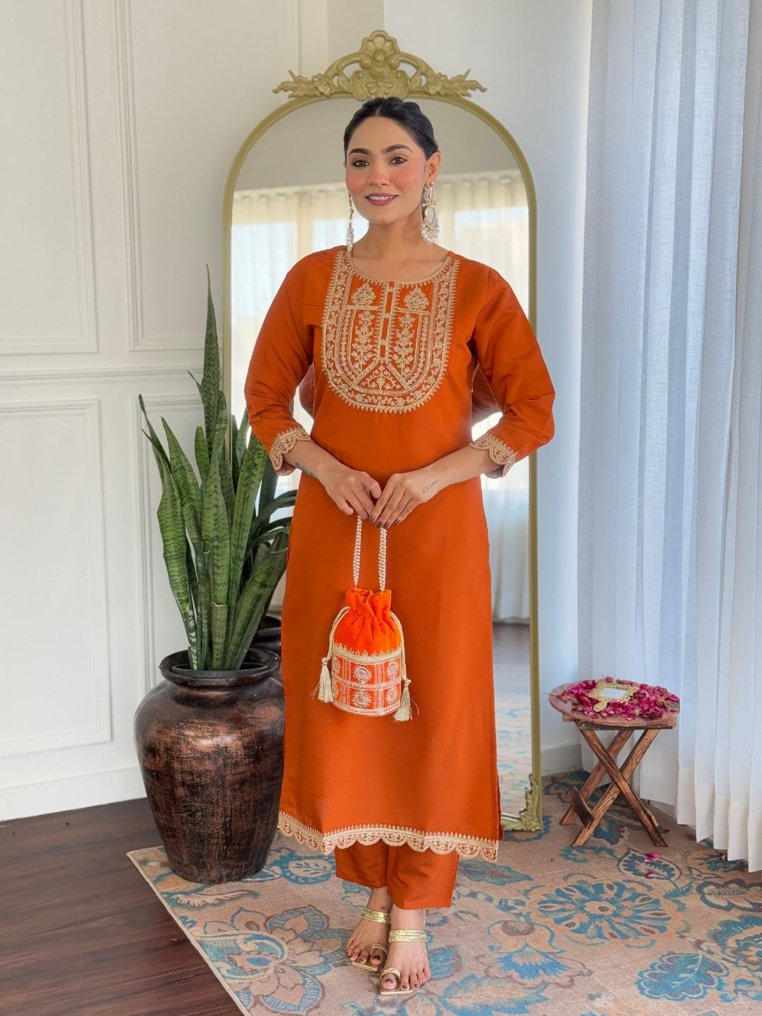 Teeya Creation Orange Color Viscose Rayon Embroidery Work Fully Stitched Kurti Set