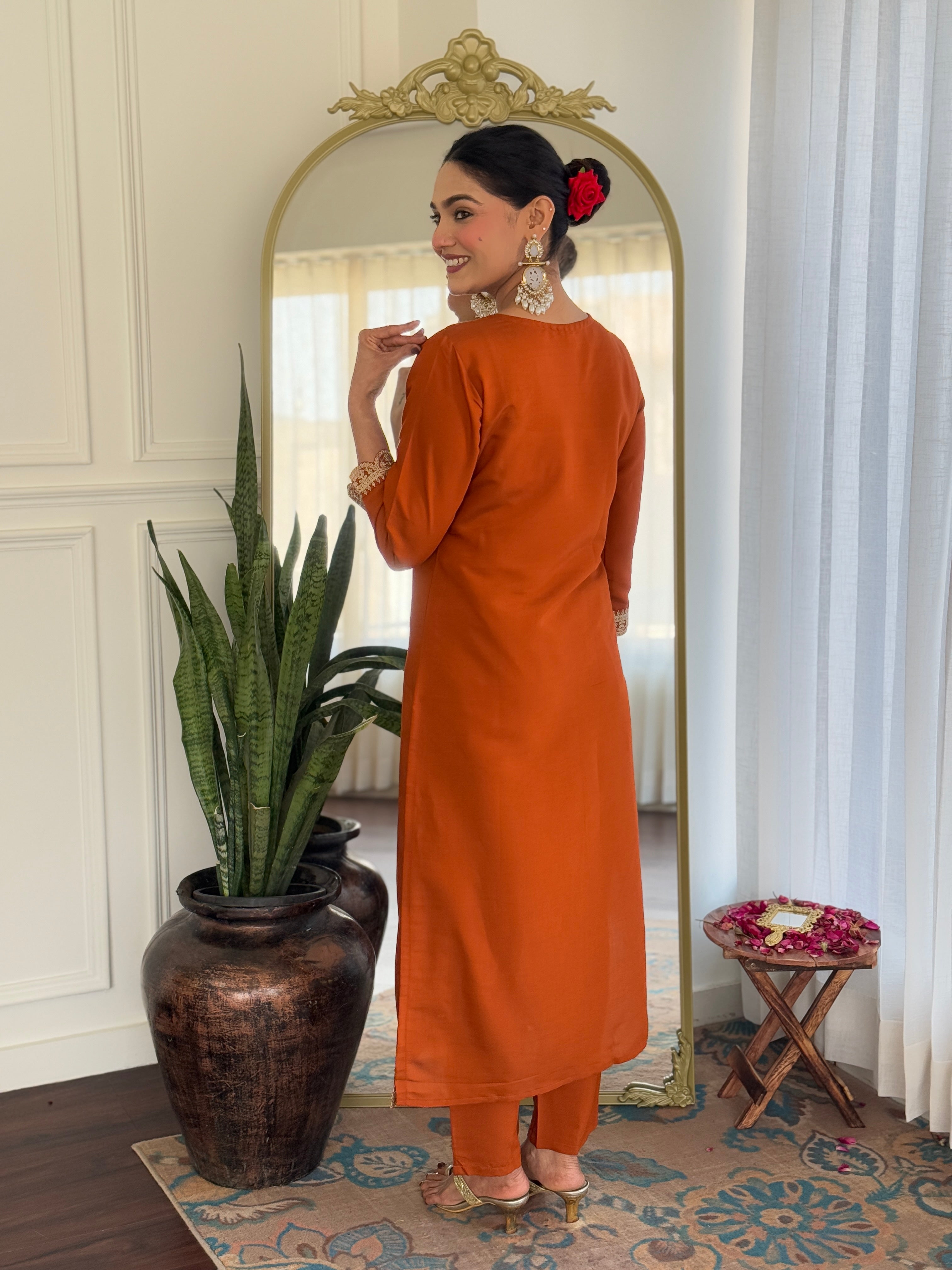 Teeya Creation Orange Color Viscose Rayon Embroidery Work Fully Stitched Kurti Set