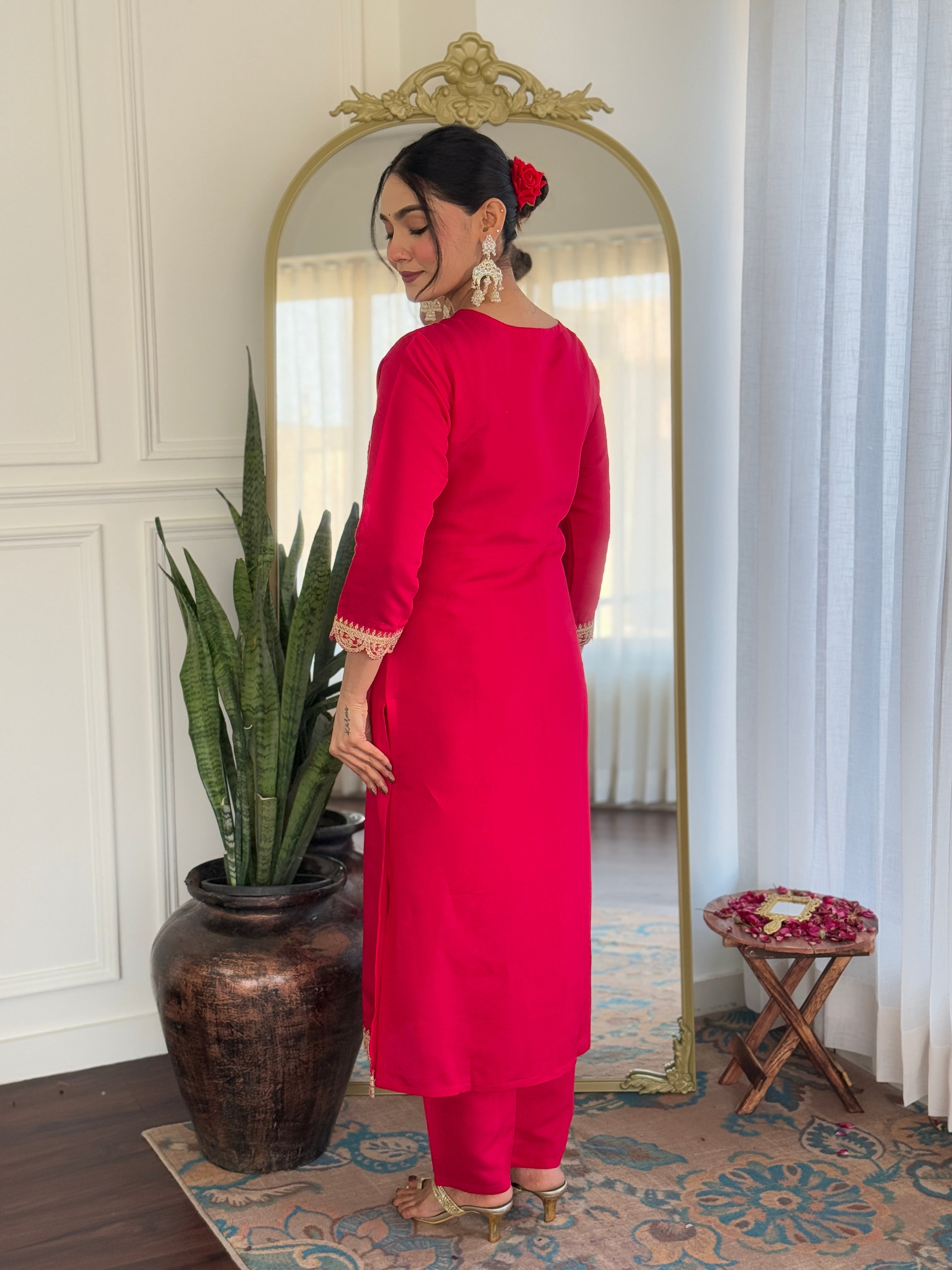 Teeya Creation Rani Color Viscose Rayon Embroidery Work Fully Stitched Kurti Set