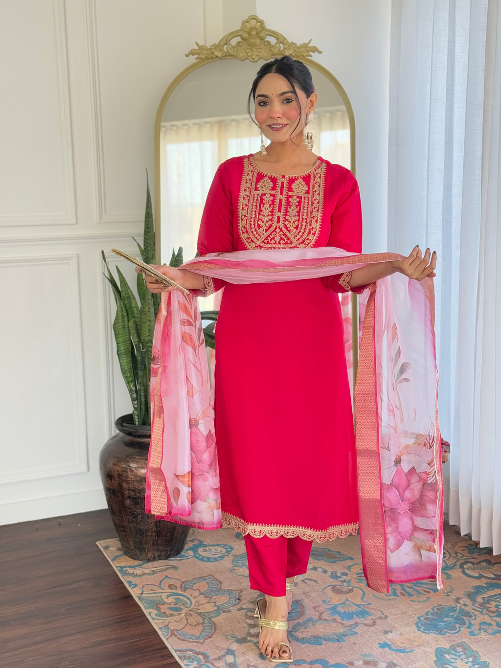 Teeya Creation Rani Color Viscose Rayon Embroidery Work Fully Stitched Kurti Set