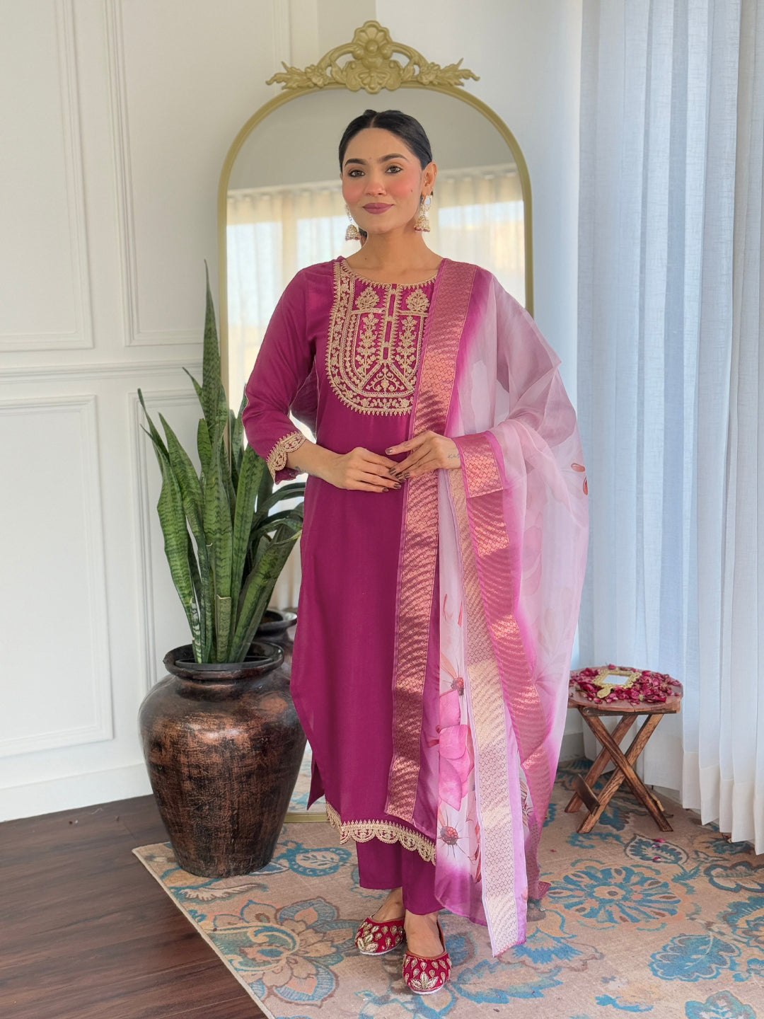 Teeya Creation Wine Color Viscose Rayon Embroidery Work Fully Stitched Kurti Set