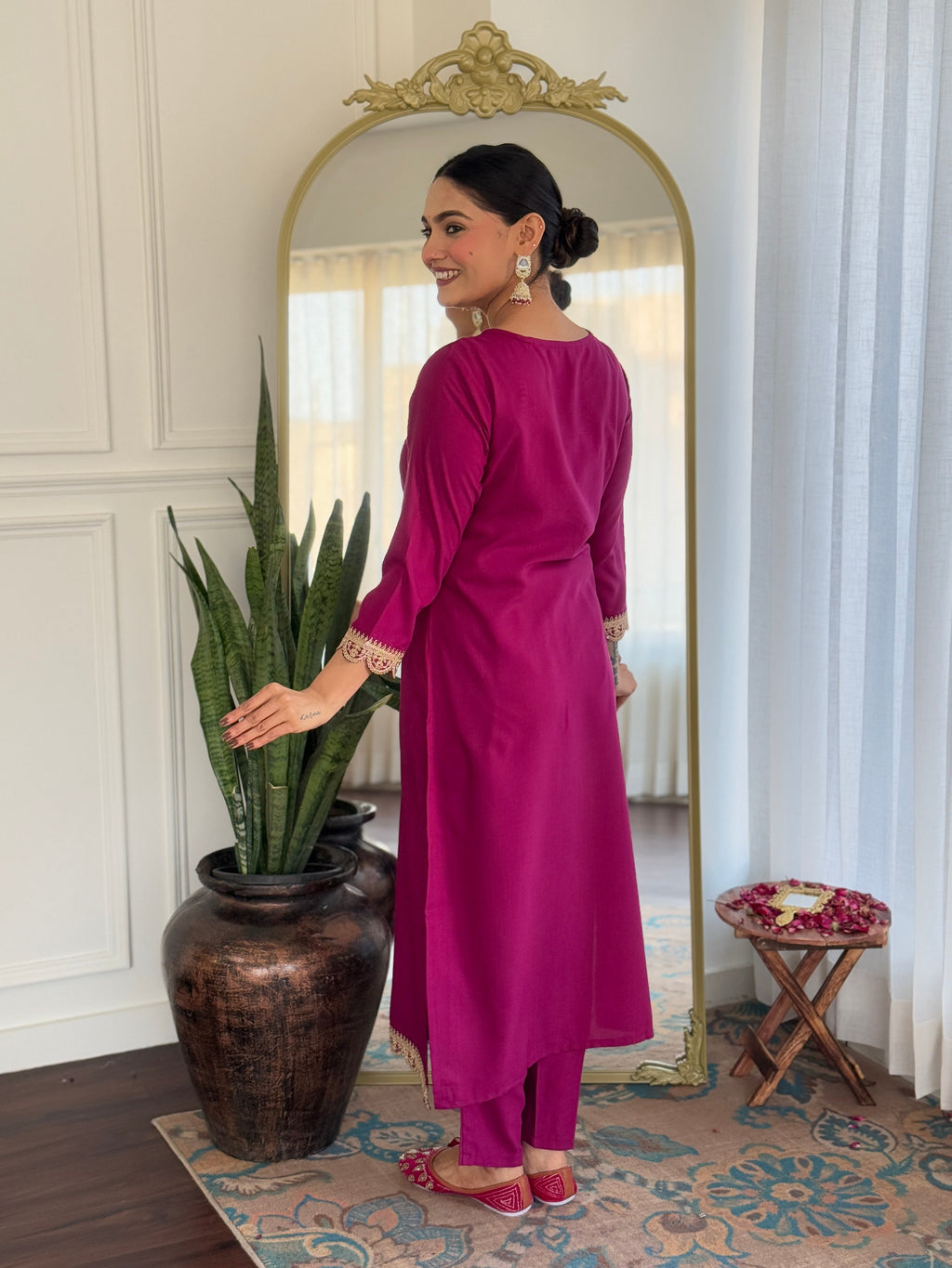 Teeya Creation Wine Color Viscose Rayon Embroidery Work Fully Stitched Kurti Set