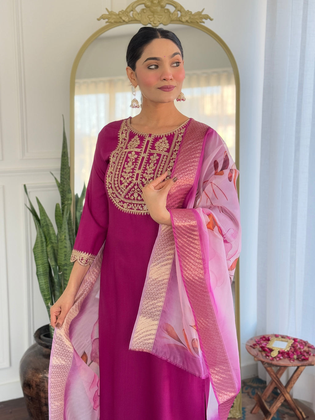 Teeya Creation Wine Color Viscose Rayon Embroidery Work Fully Stitched Kurti Set