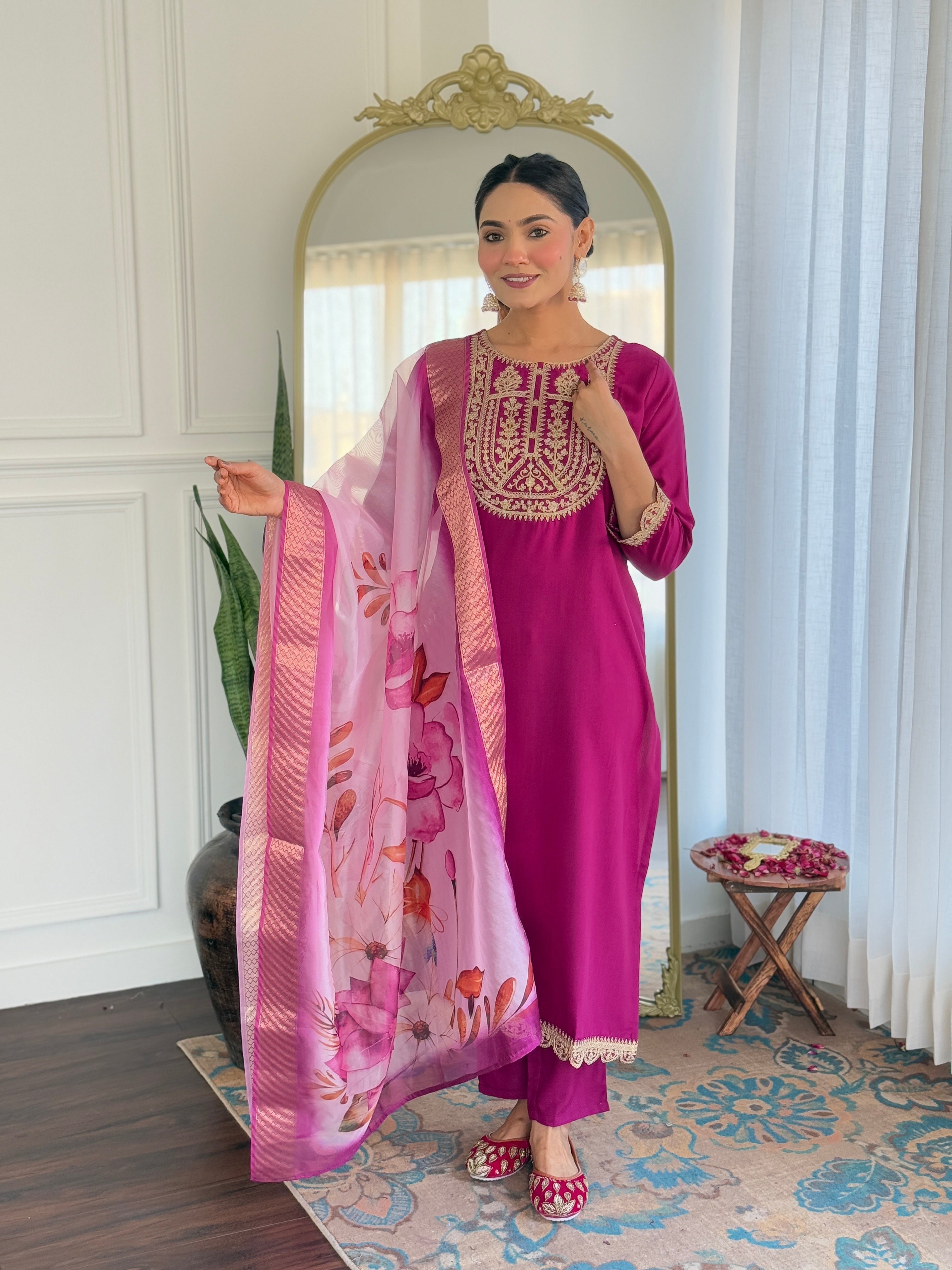 Teeya Creation Wine Color Viscose Rayon Embroidery Work Fully Stitched Kurti Set