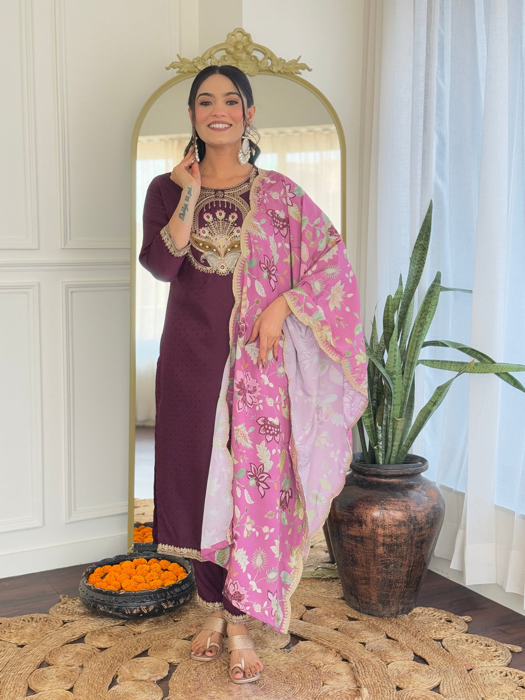 Teeya Creation Wine Color Viscose Rayon Embroidery Work Fully Stitched Kurti Set