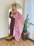 Teeya Creation Wine Color Viscose Rayon Embroidery Work Fully Stitched Kurti Set