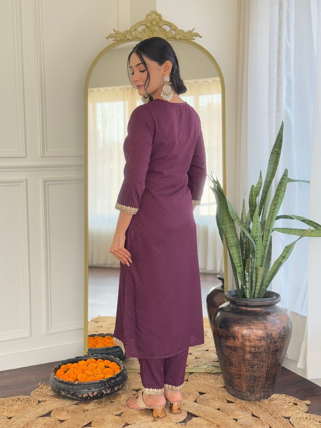 Teeya Creation Wine Color Viscose Rayon Embroidery Work Fully Stitched Kurti Set
