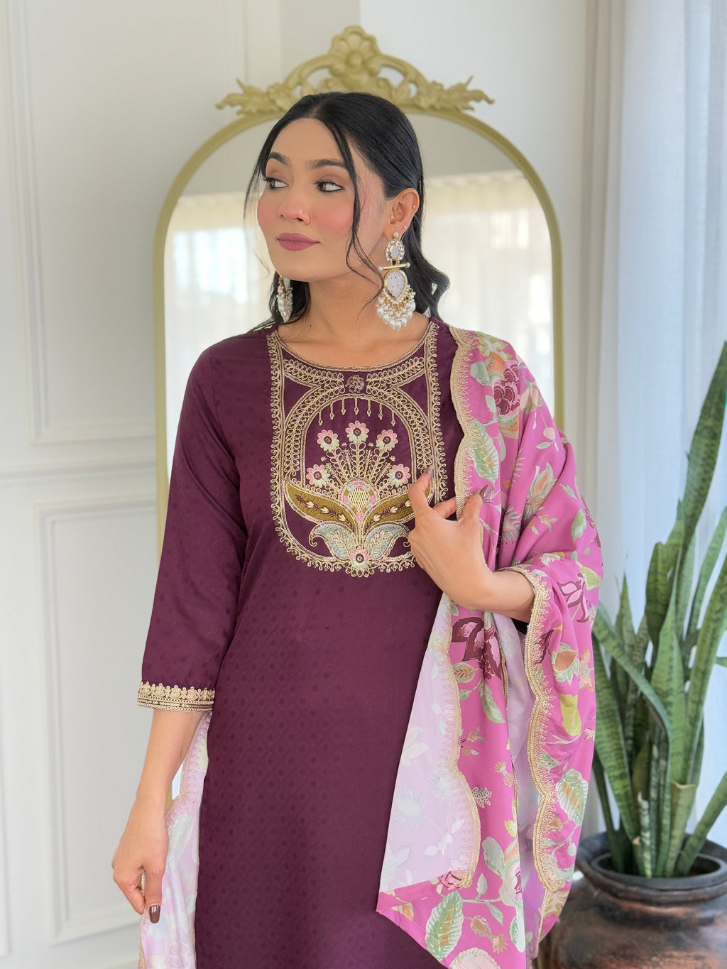 Teeya Creation Wine Color Viscose Rayon Embroidery Work Fully Stitched Kurti Set