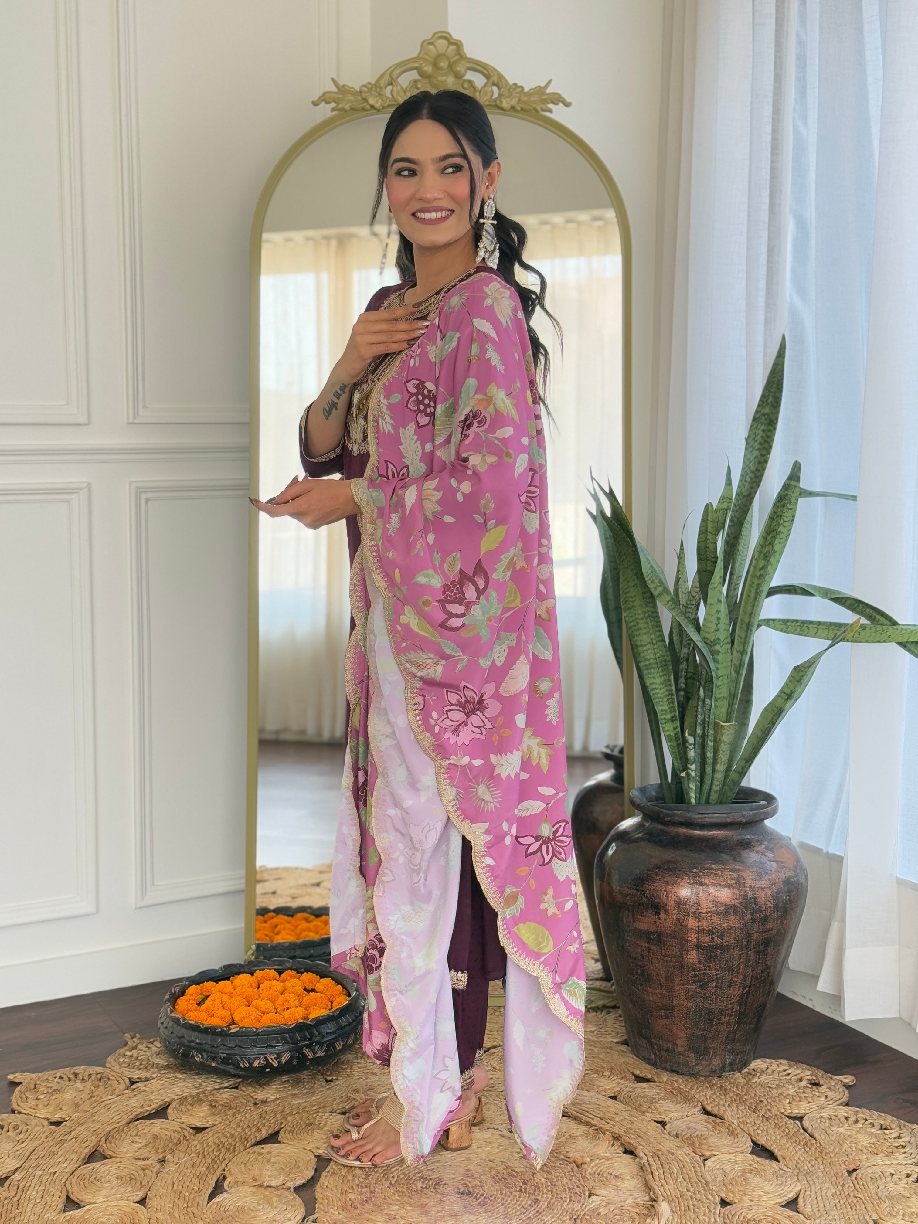 Teeya Creation Wine Color Viscose Rayon Embroidery Work Fully Stitched Kurti Set