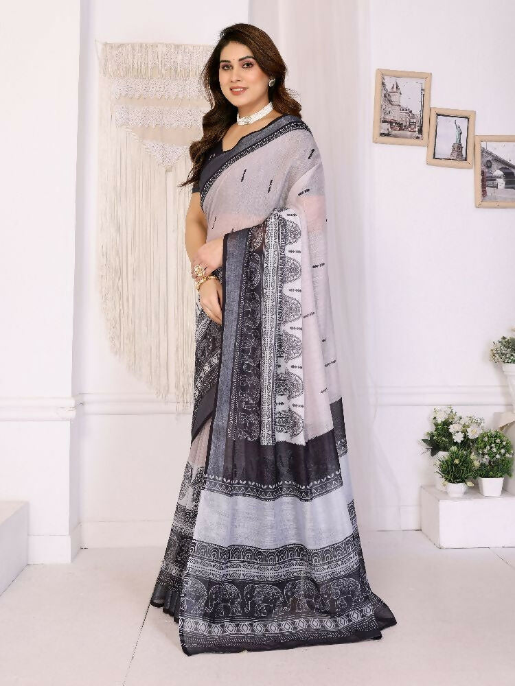 PR Fashion Black Handloom Linen Cotton Zari Saree