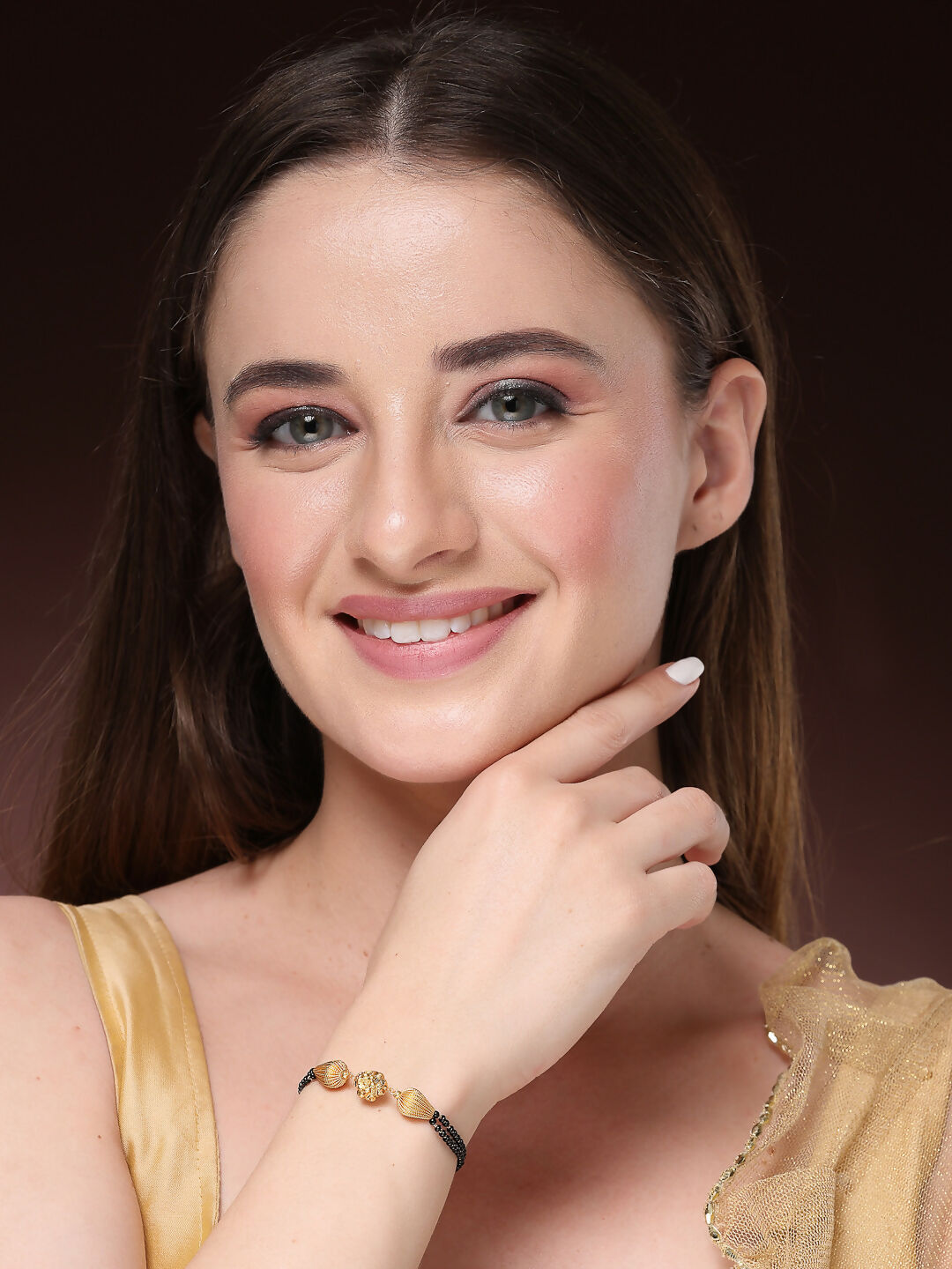 NVR Women Gold-Polished & Black Brass Hand Mangalsutra Link Bracelet