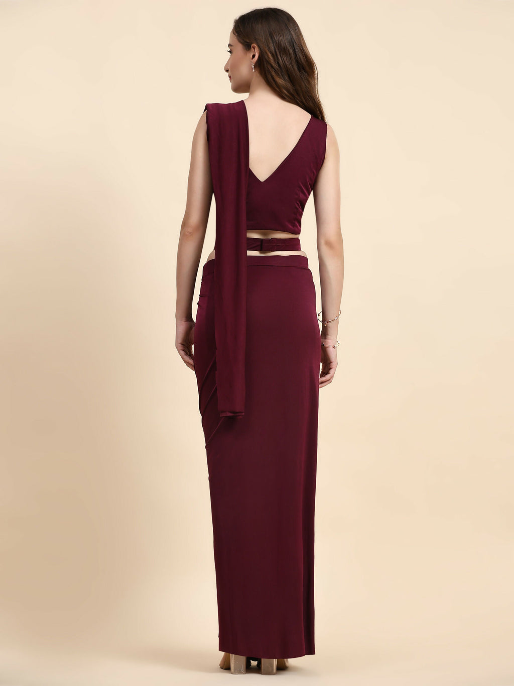 Maroon Polyester Solid Ready to Wear Saree with stitched Blouse - Nita