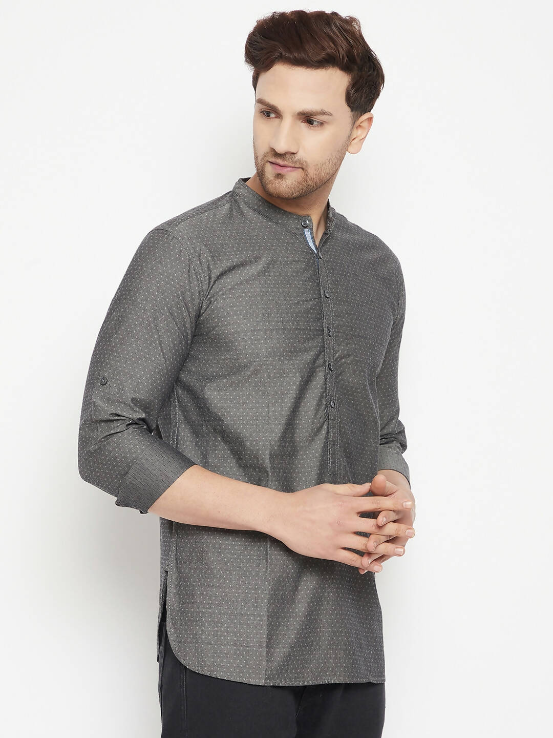Even Apparels Grey Color Pure Cotton Short Men's Beautiful Kurta With Band Collar