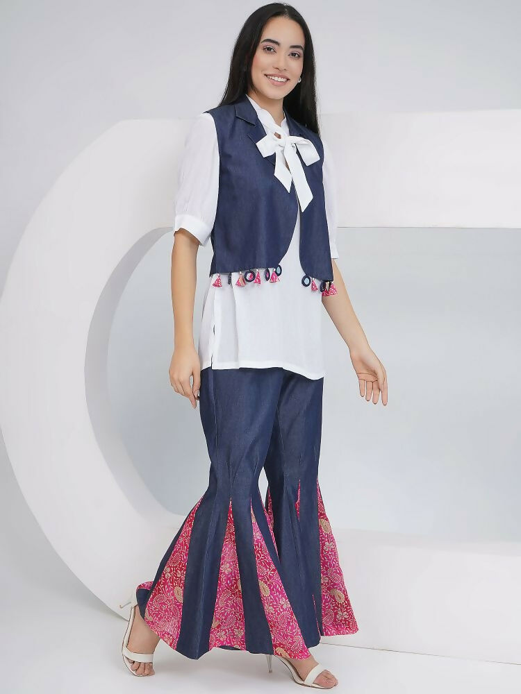 Joban Fashion White Rayon Crepe Hand-Embellished (Mirror Work) Sharara with Shirt and Jacket