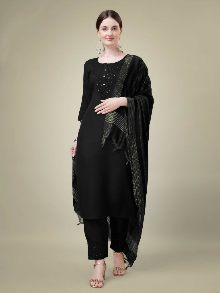 Jyoti Fashion Women's Black Cotton Blend Embroidery & Sequence work Kurta with Trouser & Dupatta