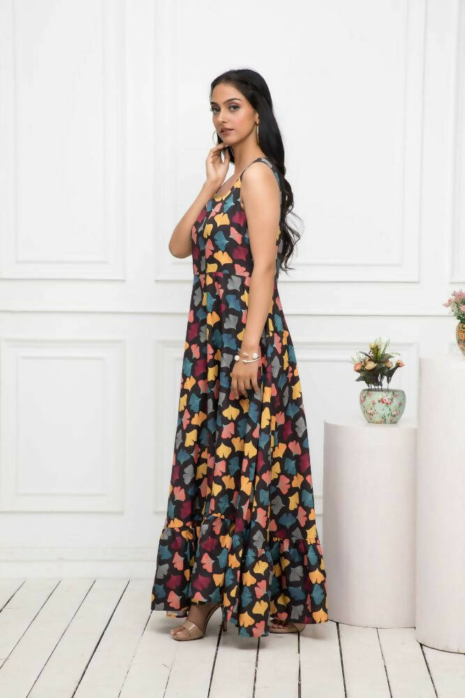 Myshka Women Black Floral Rayon A-Line Round Neck Dress