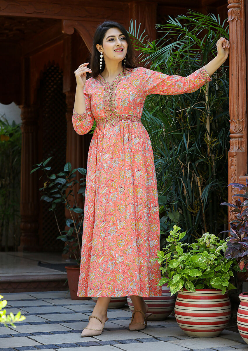 Kaajh Women's Light Orange Floral Handblock Printed Cotton Dress