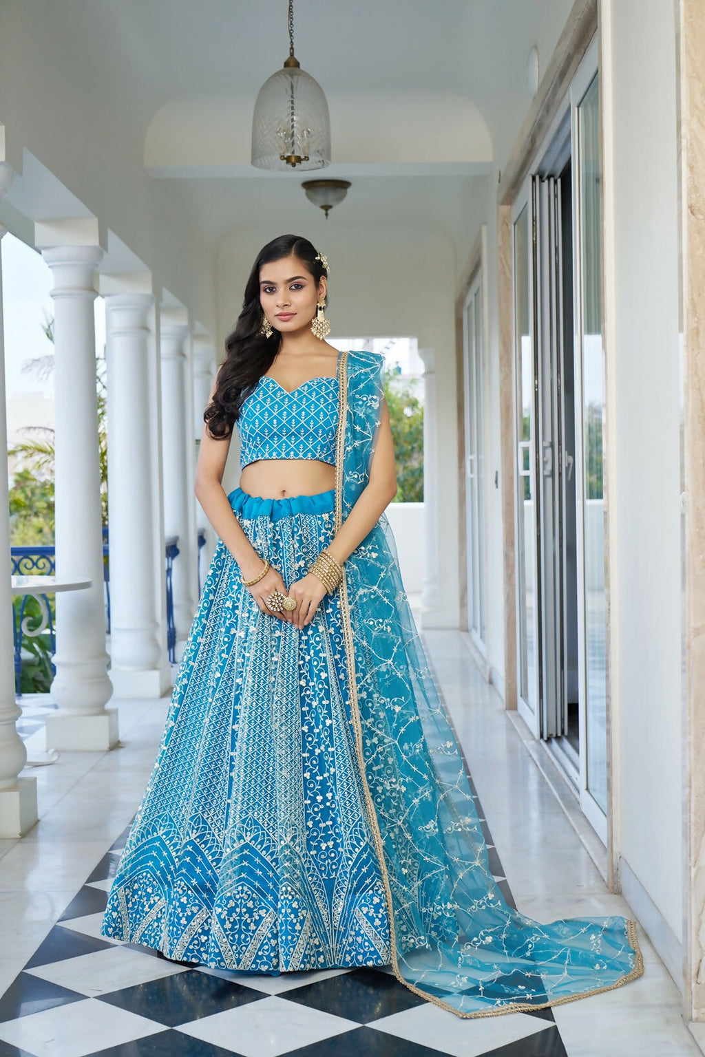 Eilara Glamorous Sky Blue Butterfly Net With Thread And Sequence Embroidered Work Lehenga Choli For Wedding
