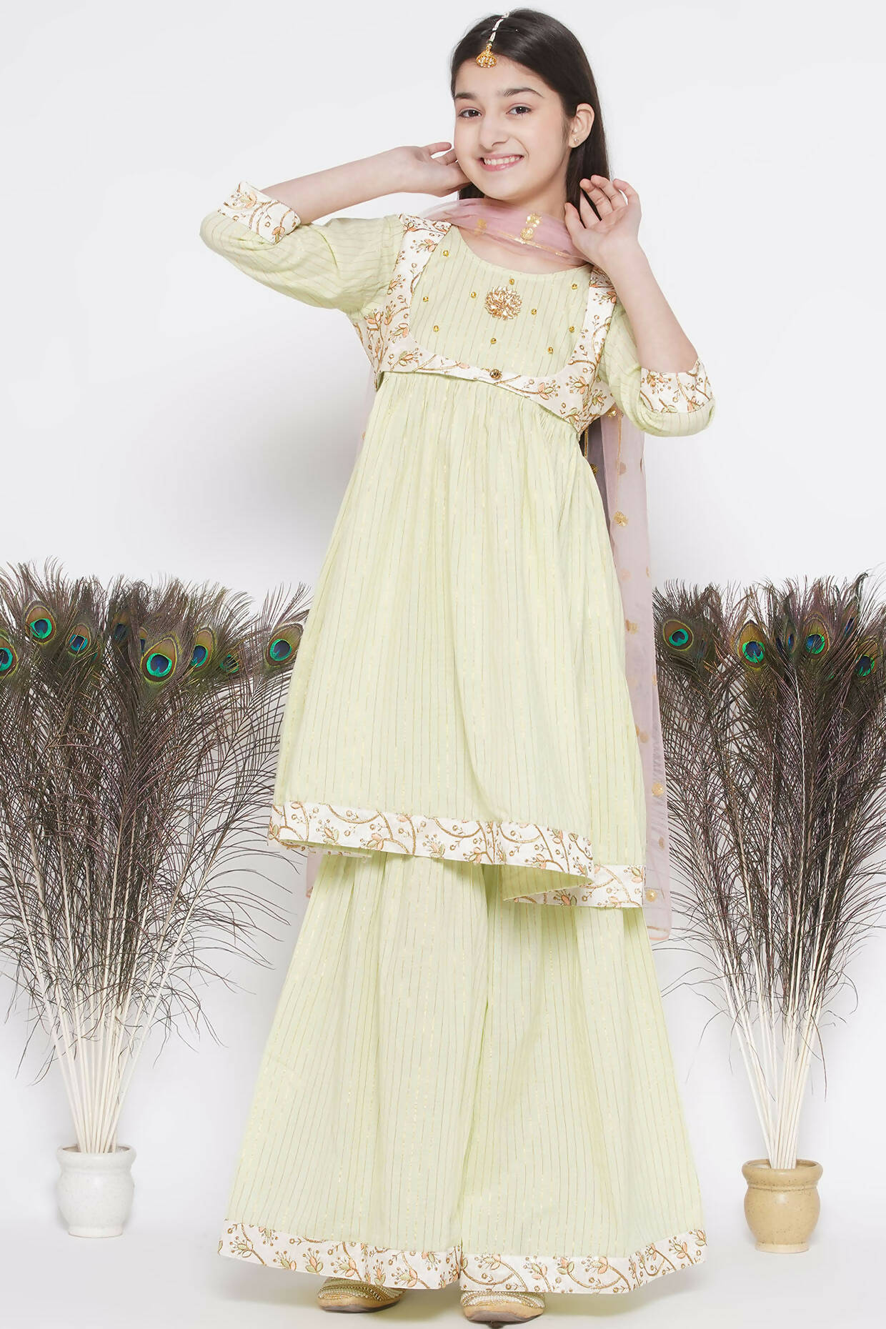 Little Bansi Floral Embroidery Jacket With Cotton Lurex Frock Sharara And Dupatta With Ghungroo Handwork - Bottle Green