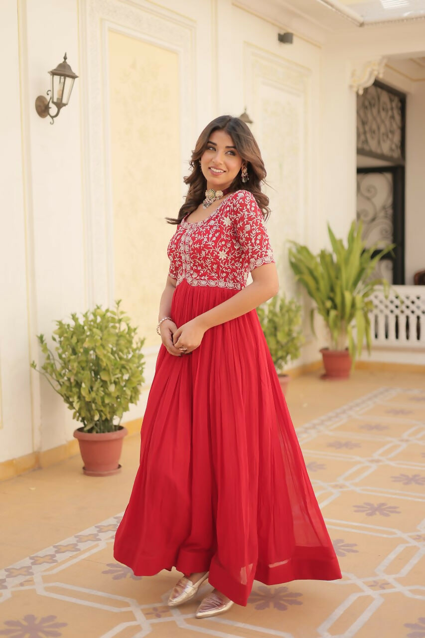 Vastranavya Faux Blooming with Embroidery Zari Sequins-work Gown - Red