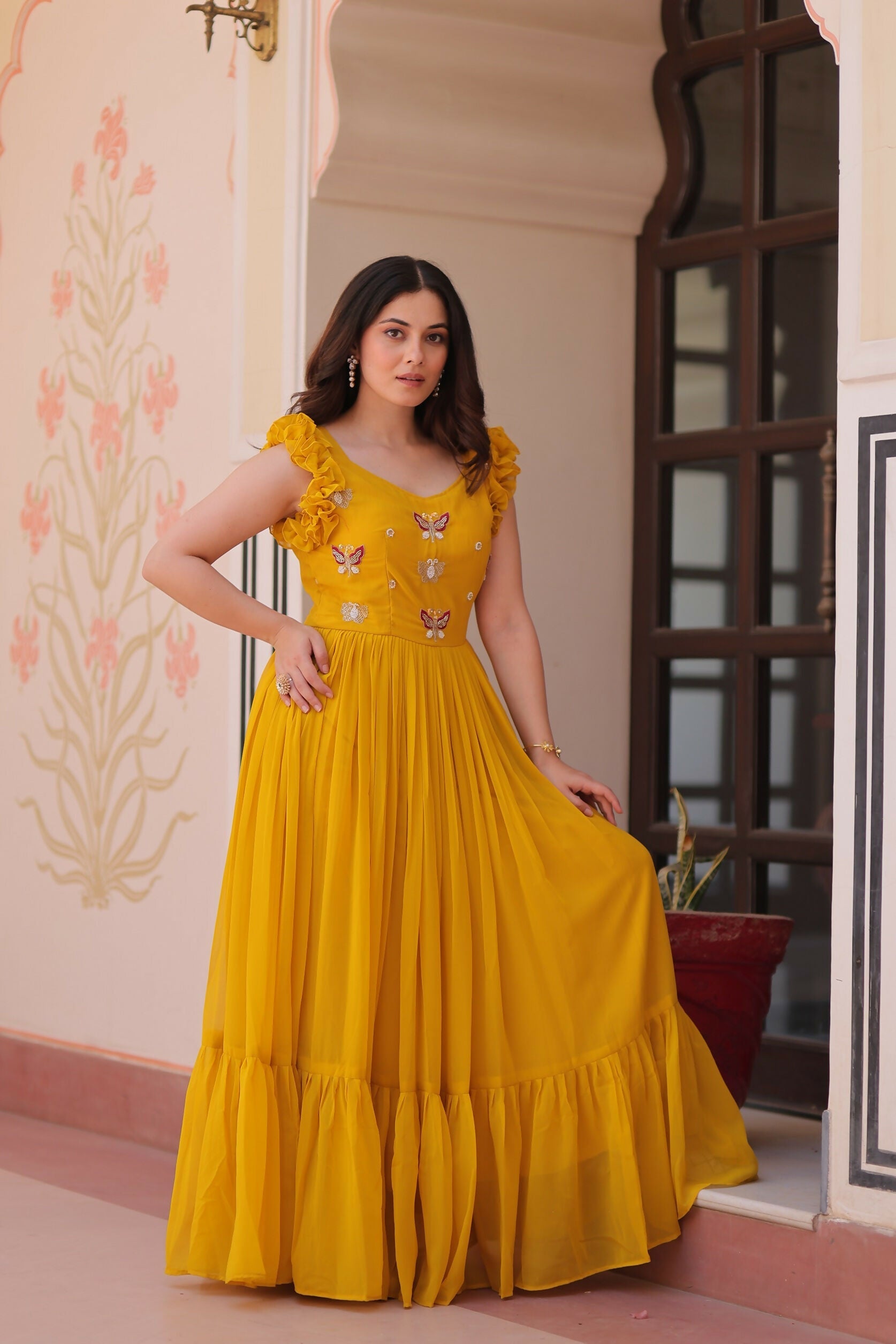 Joban Fashion Yellow Georgette Sequence Embroidery Work Gown