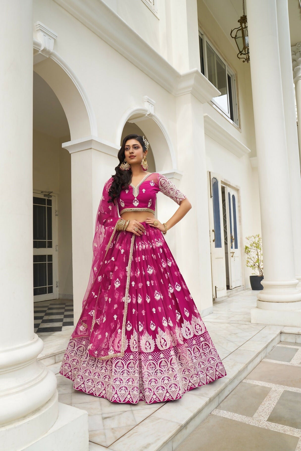 Eilara Glamorous Dark Pink Butterfly Net With Thread And Sequence Embroidered Work Fancy Lace Lehenga Choli For Wedding