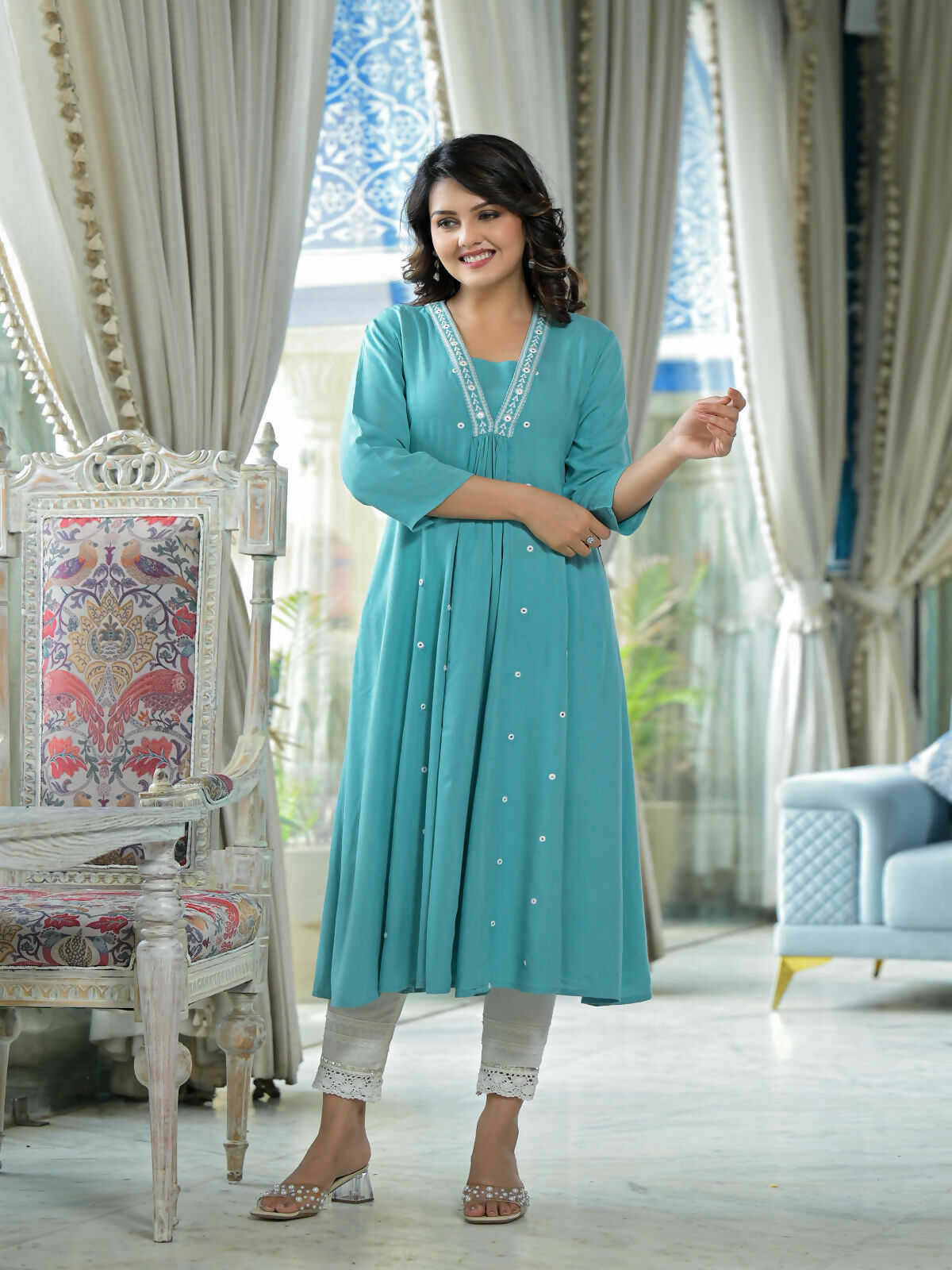 Juniper Women's Sky Blue Thread Embroidered Liva Rayon Kurta With Mirror Work