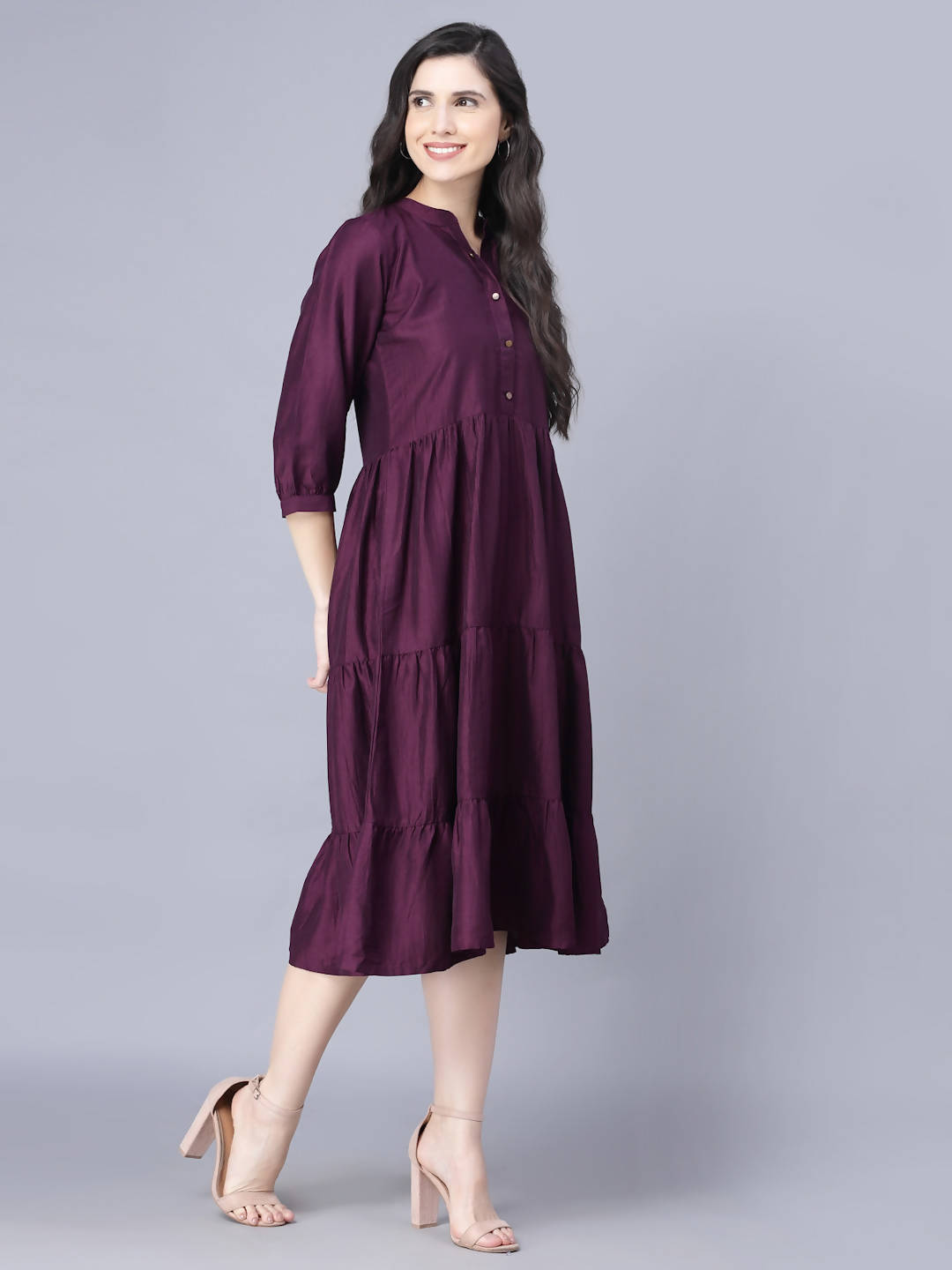 Myshka Silk Solid 3/4 Sleeve V Neck Purple Women Dress