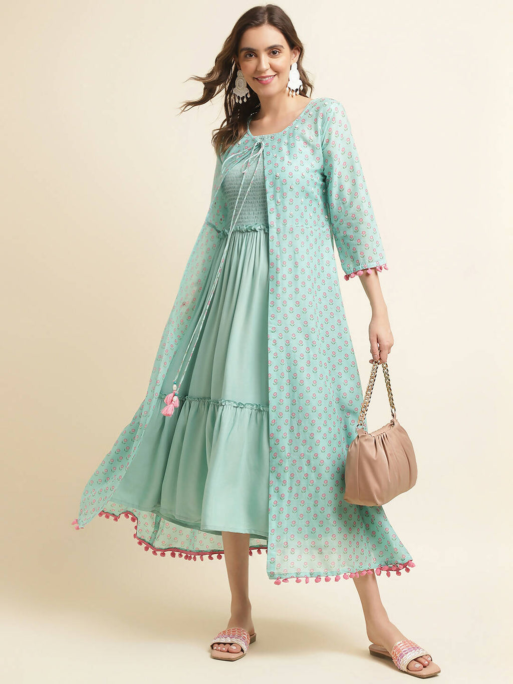 Sea Green Cotton Solid Flared Dress with Printed Shrug - Yukti