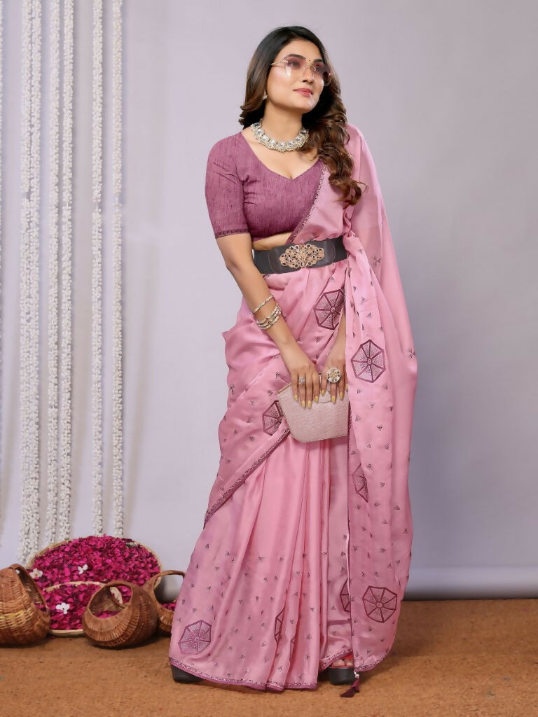 Pink Zari Organza Stone Work All Over Saree - Norita Saumya