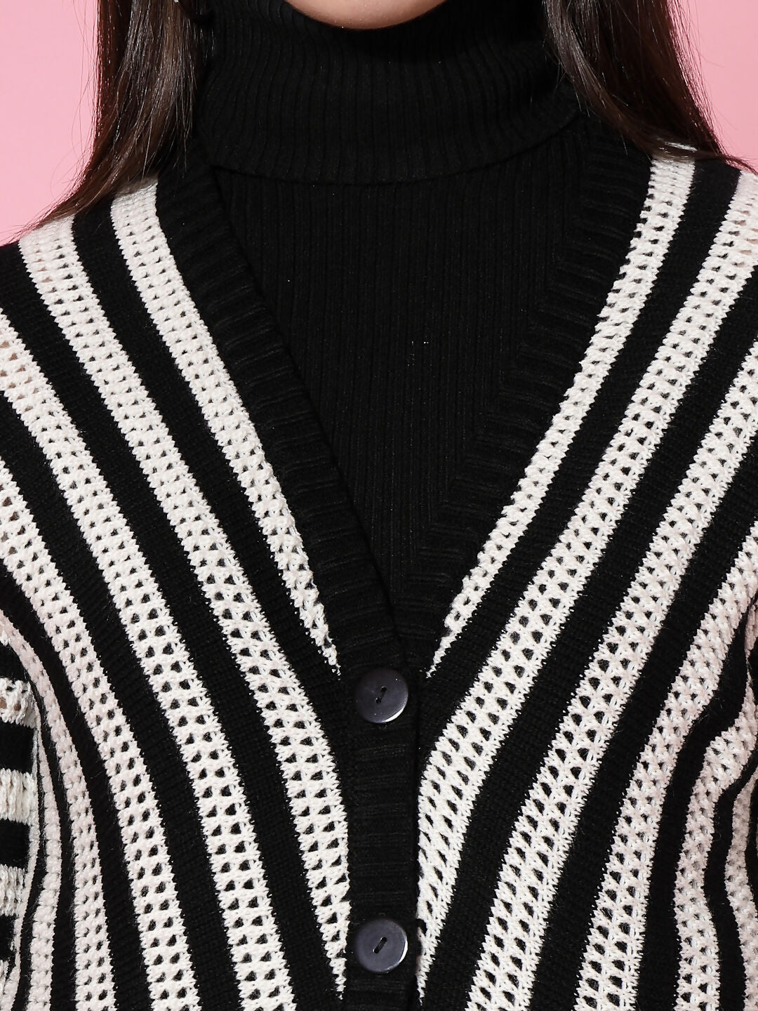 Women Black Acrylic Stripe Cardigan - Wool Trees