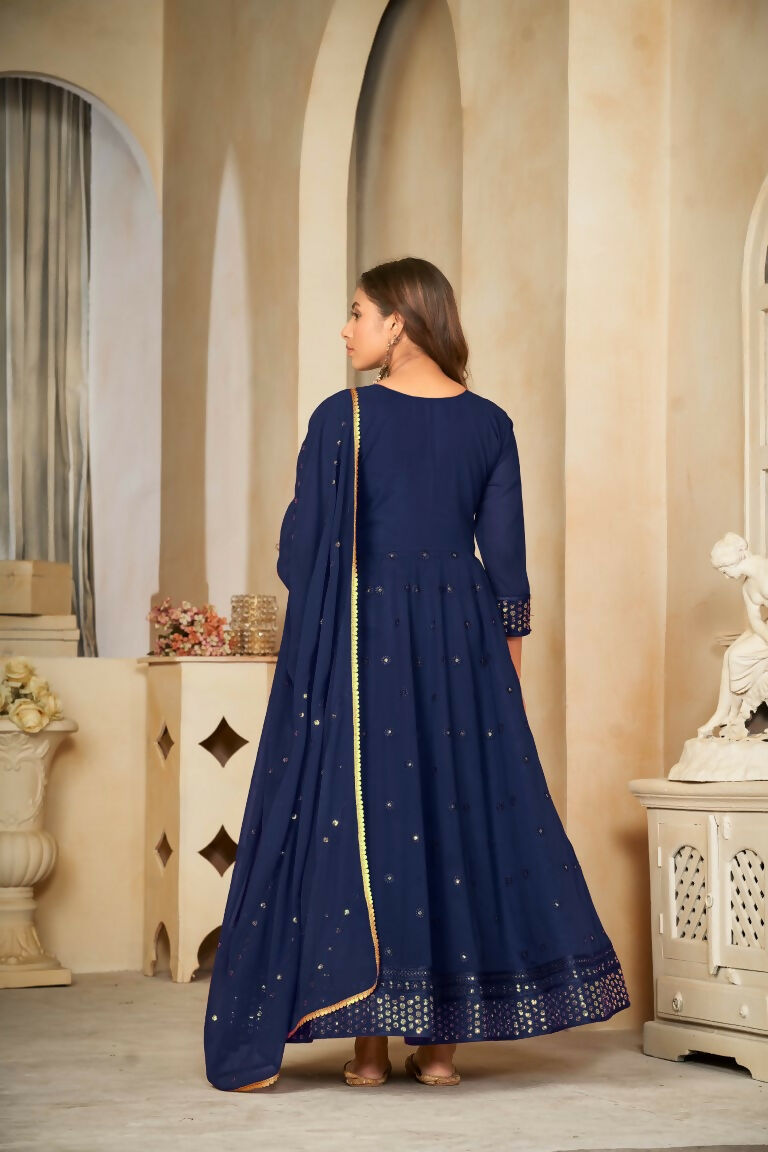 Jyoti Fashion Women's Blue Georgette Embroidered Anarkali Kurta Pant Set With Dupatta