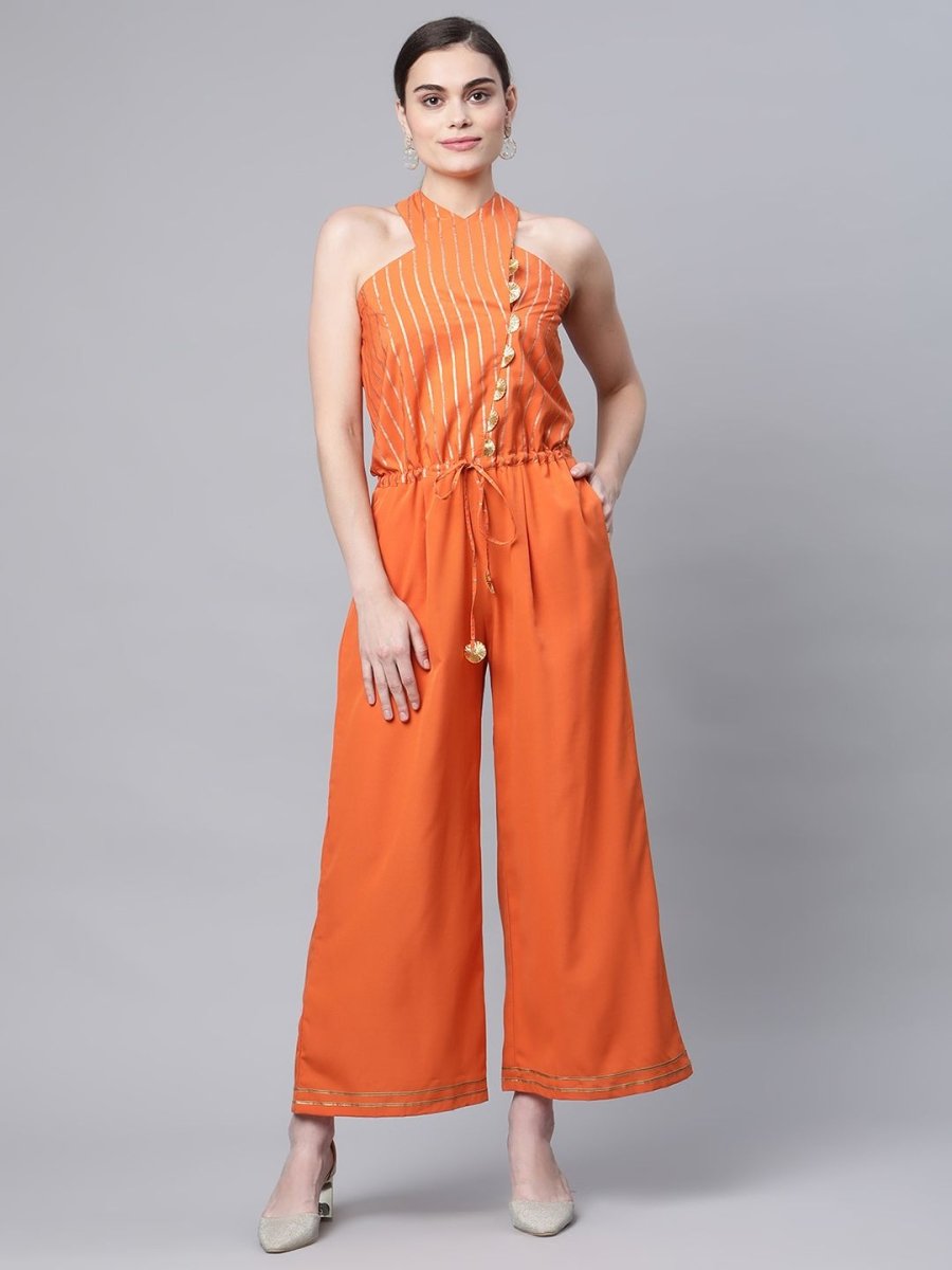 Ahalyaa Womens Orange Crepe Gold Stripped Print Jumpsuit