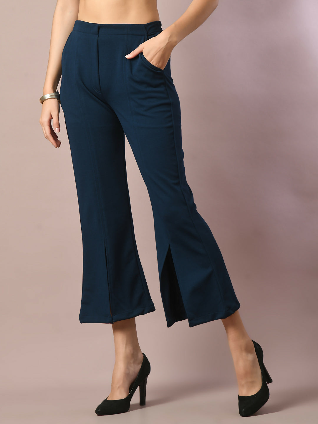 Myshka Women's Blue Solid Boat Neck Party Top With Trousers Co-ord set