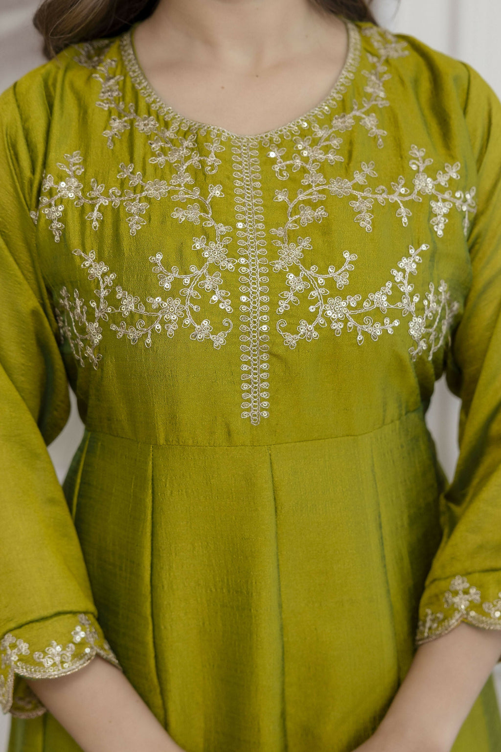 The52 Light Green Women's Beautiful Vichitra Silk Fabric Embroidered Work Flared Anarkali Pant and Dupatta Set