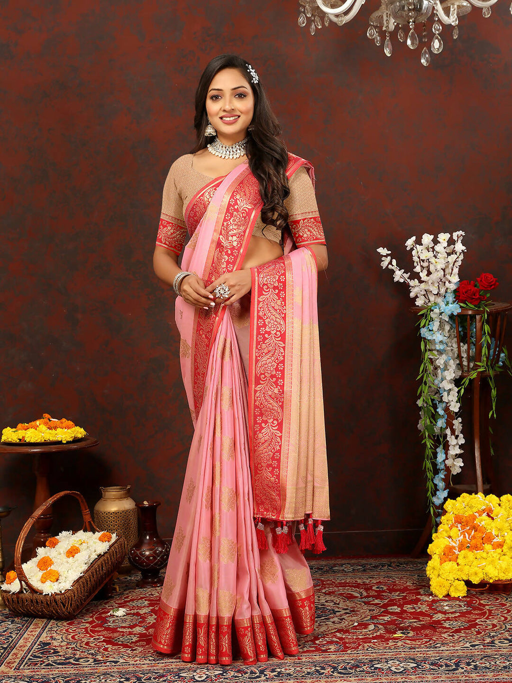 Lorenvalley Fashion Pink Cotton Woven Design with Zari Weaving Design Saree