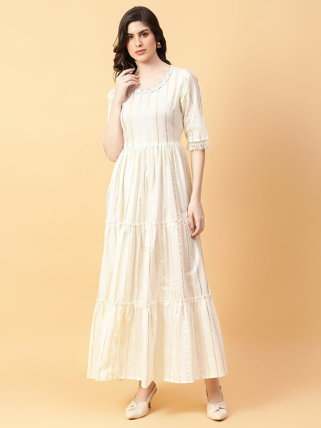 Joban Fashion Cream Cotton Lurx & Hand Work Dress