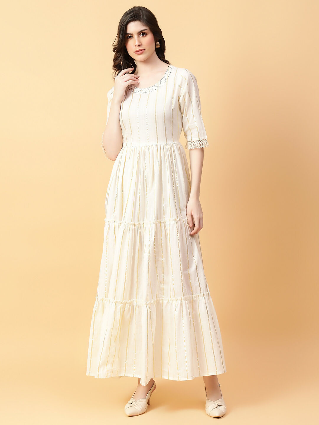 Joban Fashion Cream Cotton Lurx & Hand Work Dress