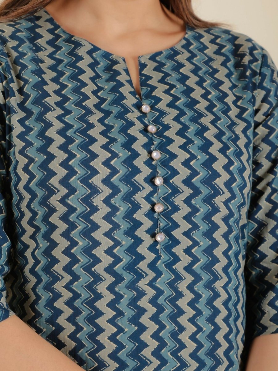 Aramya Blue Soft Cotton Chevron A-line Kurta for Women