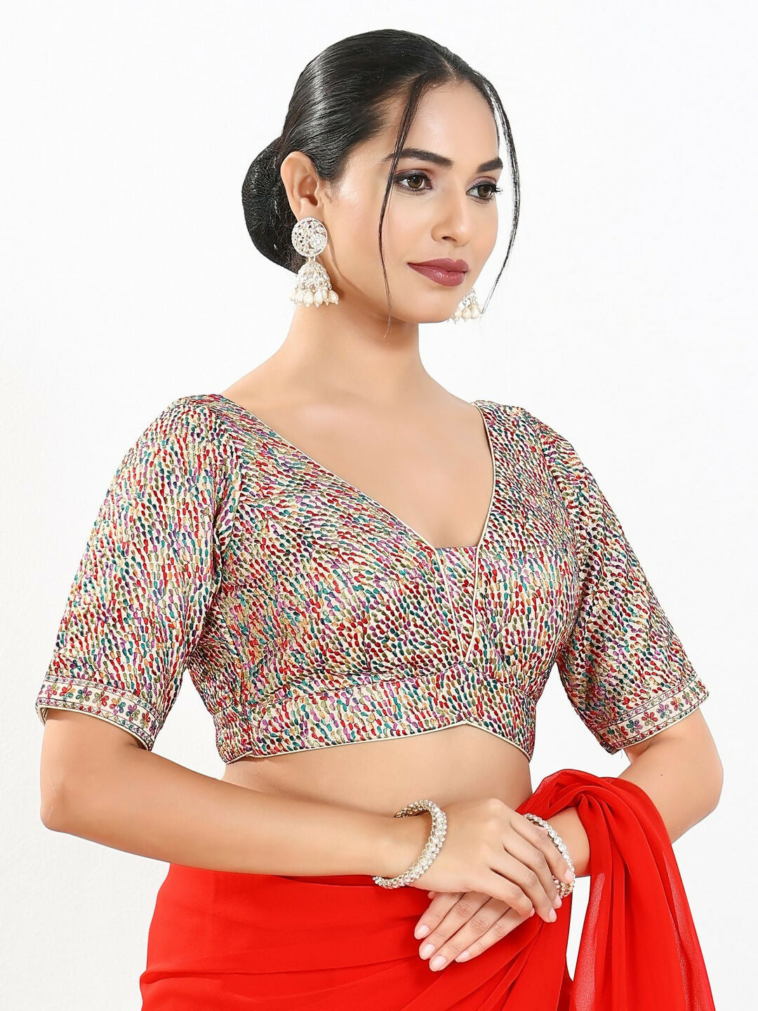 Joban Fashion Multi Mulberry Silk Padded Blouse With V Neck Elbow Sleeves