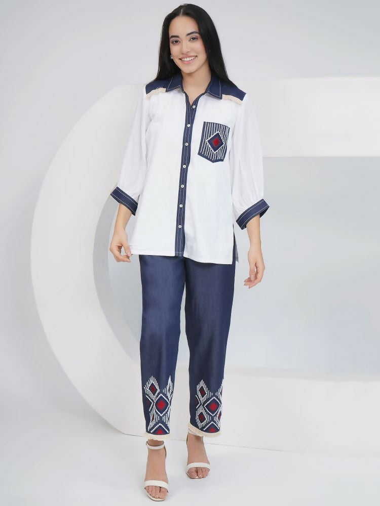 Joban Fashion White Rayon Crepe Hand-Embellished Shirt with Embellished Pants