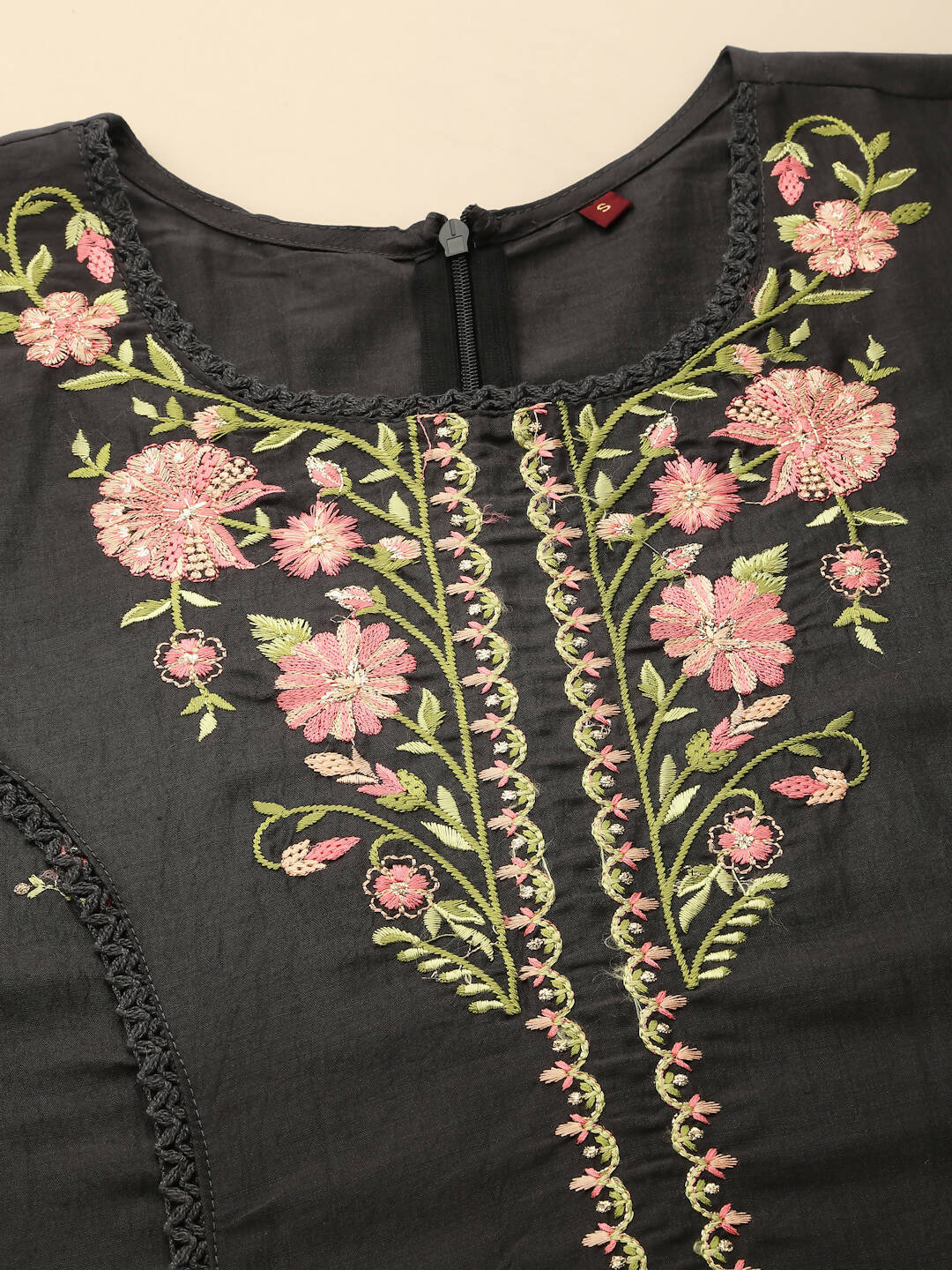 Black Embroidered Chinon Straight Kurta With Trouser & Dupatta - Salimar