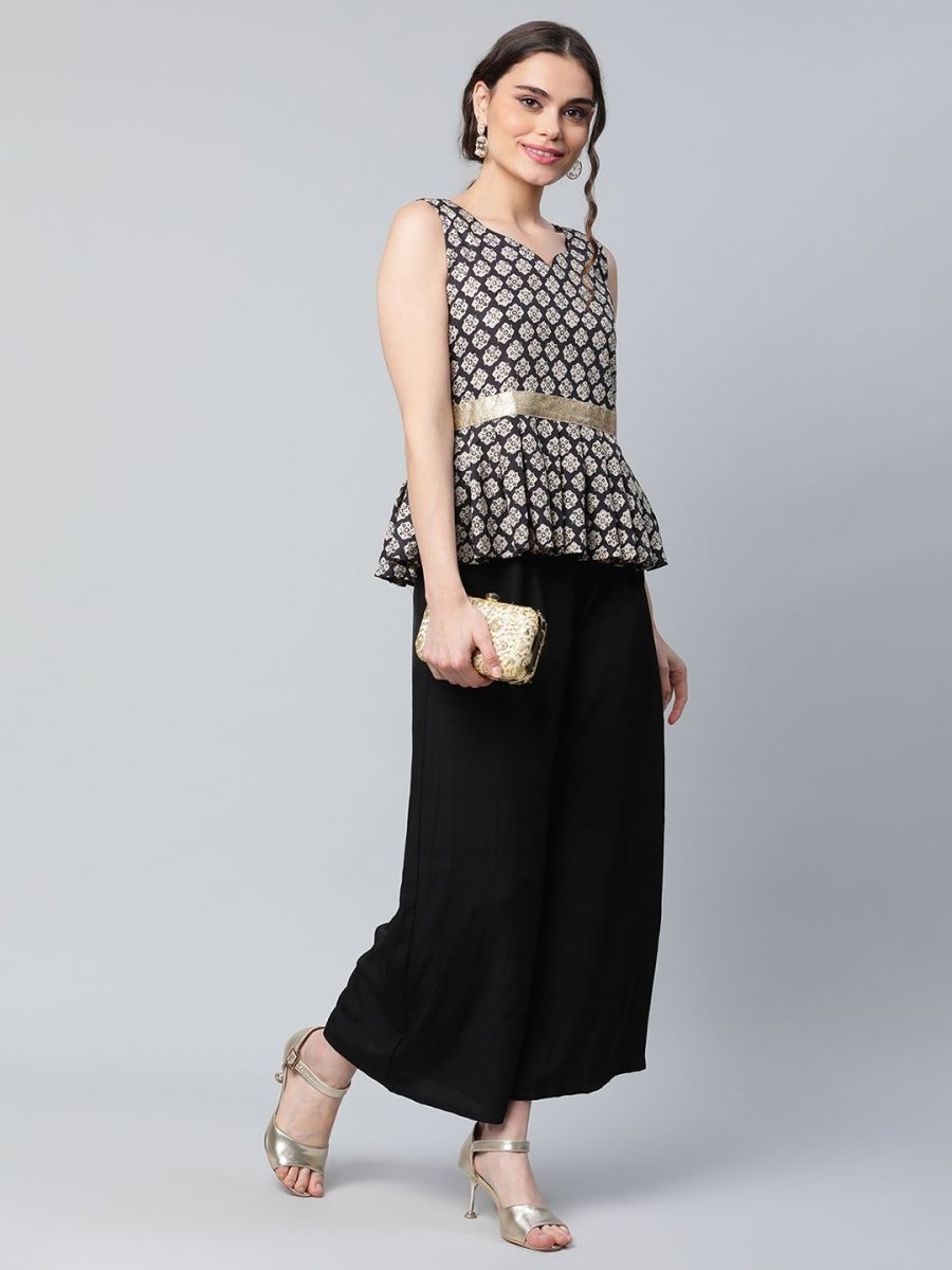 Ahalyaa Women Black Crepe Digital Printed Top with Palazzo Set