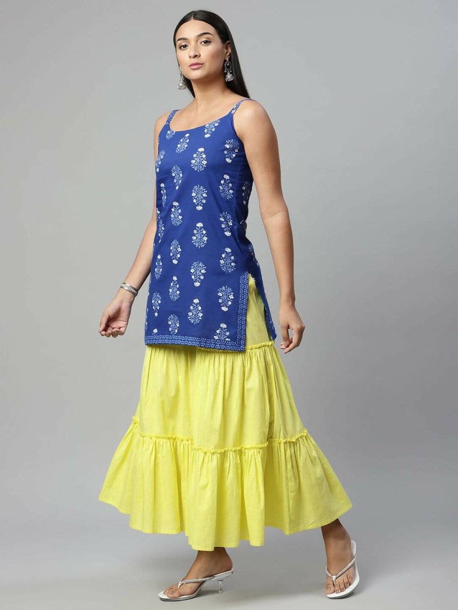 Ahalyaa Womens Royal Blue Pure Cotton Printed Tunic Sharara Set