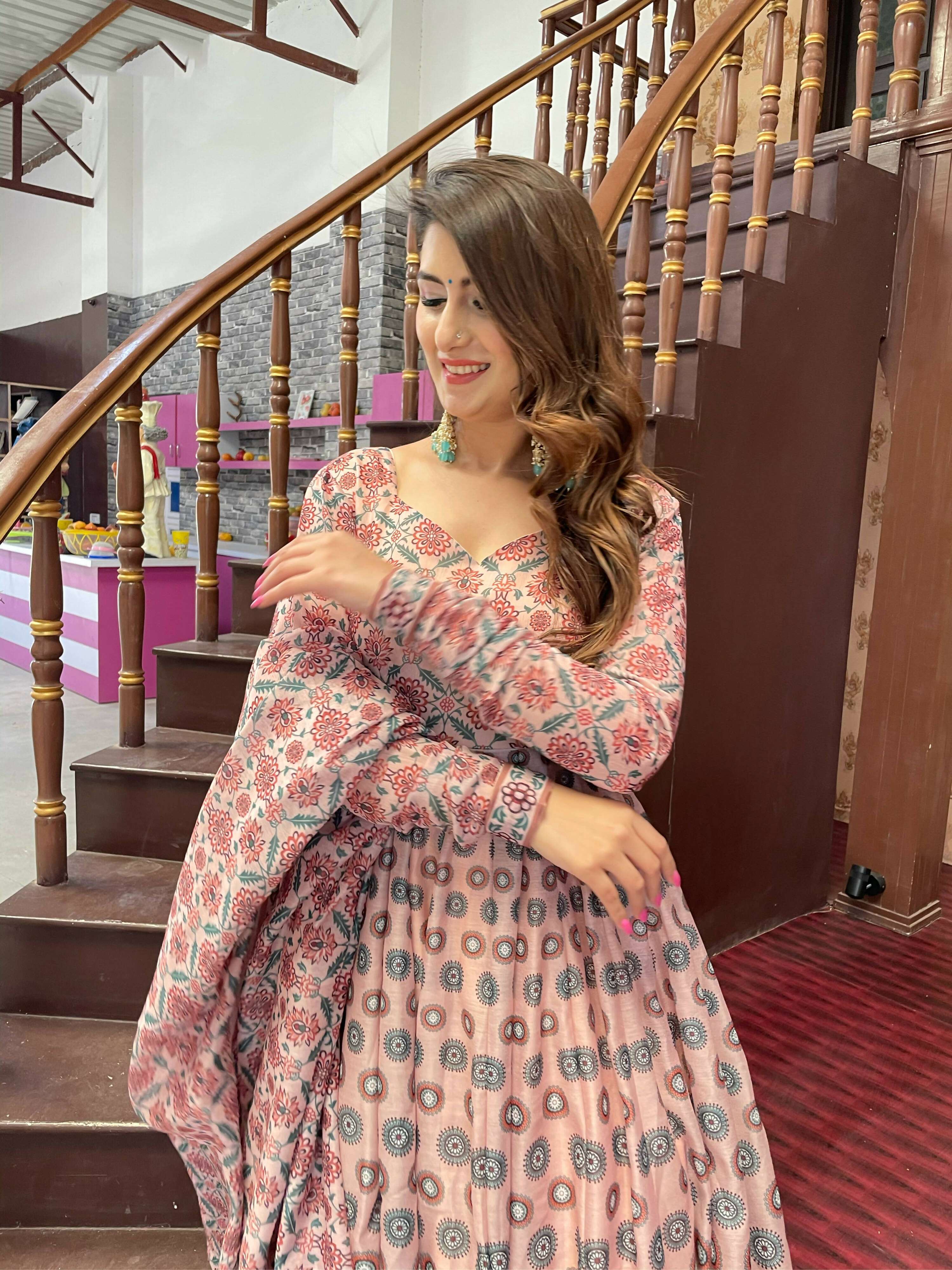 Partywear Designer Peach Chanderi Suit - Anbazaar