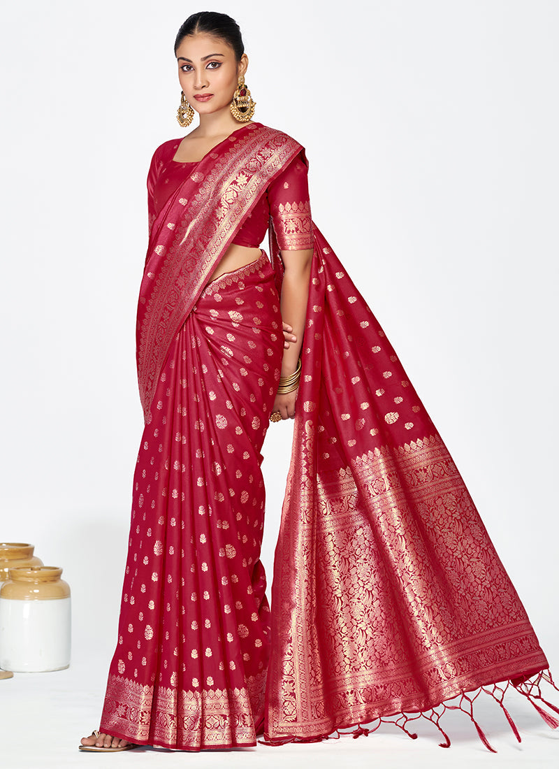 Vellora Maroon Banarasi Silk Saree with Rich Zari Detailing