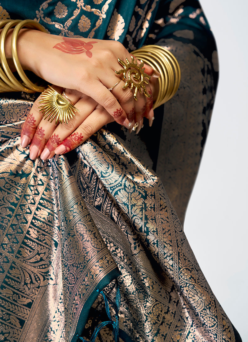 Vellora Peacock Blue Luxurious Soft Silk Zari Weaving Saree
