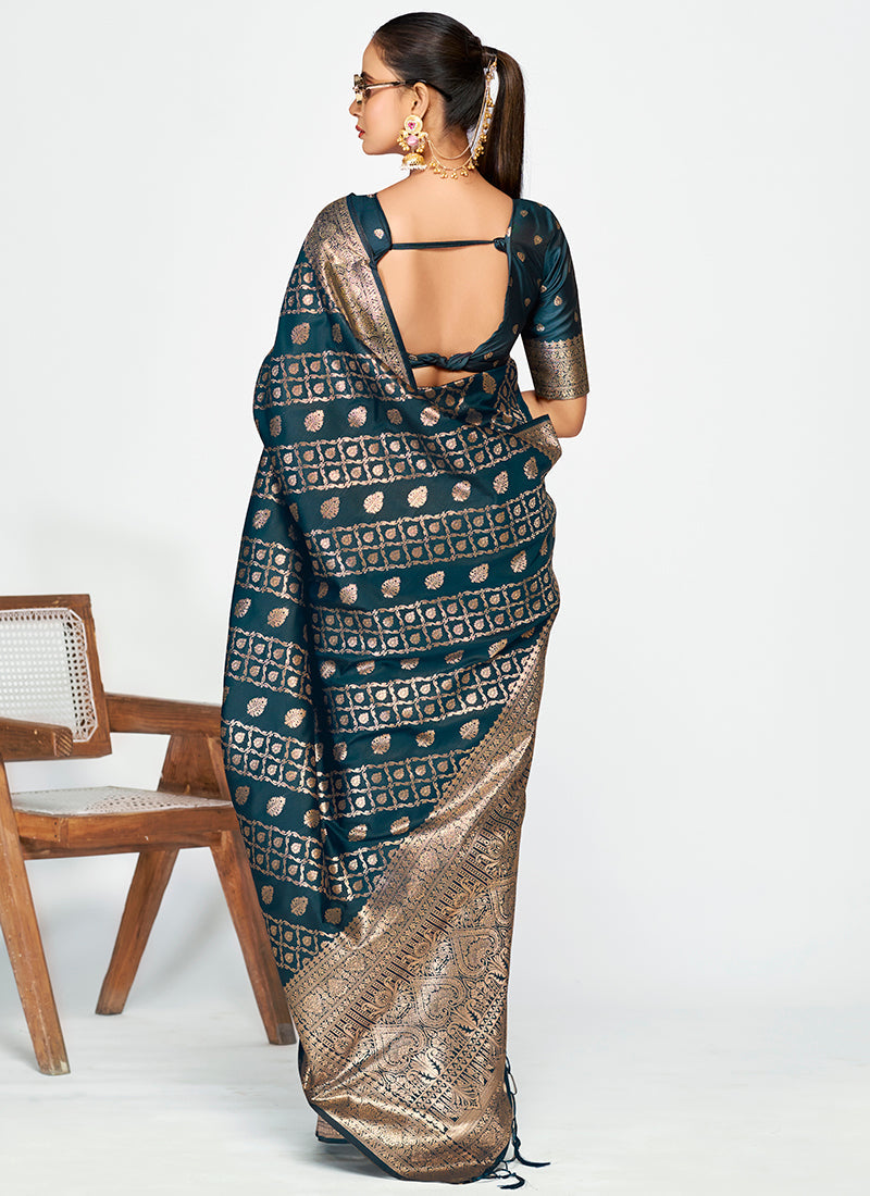Vellora Peacock Blue Luxurious Soft Silk Zari Weaving Saree