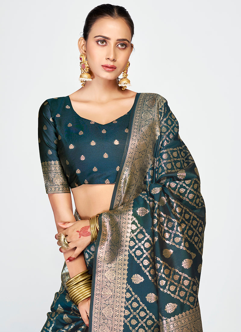 Vellora Peacock Blue Luxurious Soft Silk Zari Weaving Saree