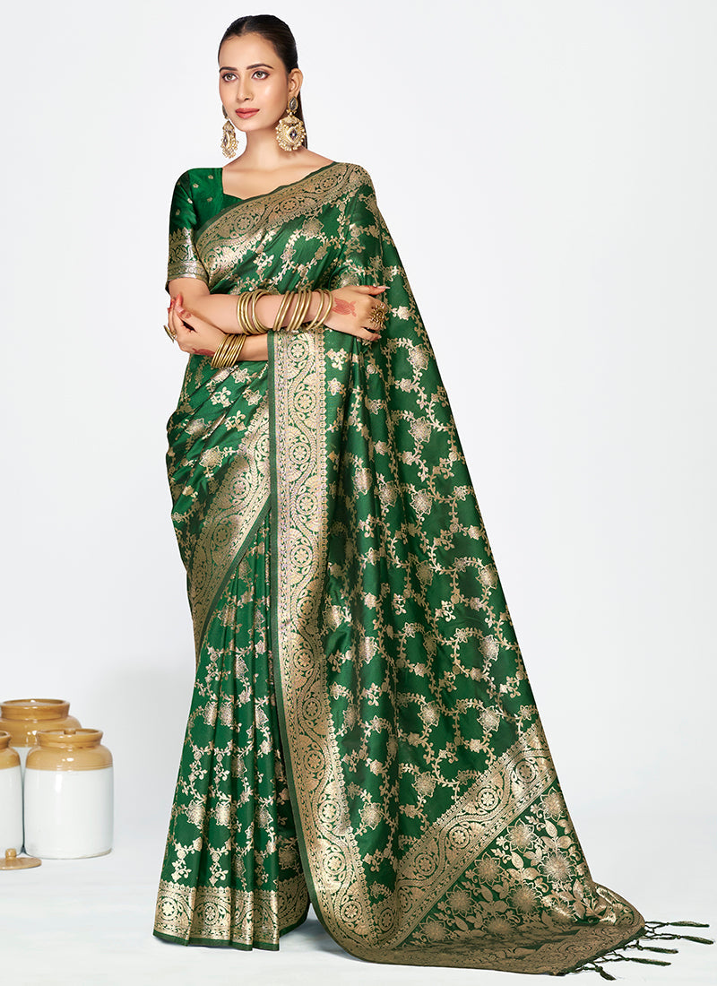 Vellora Emerald Green Banarasi Silk Saree with Rich Golden Zari Weaving